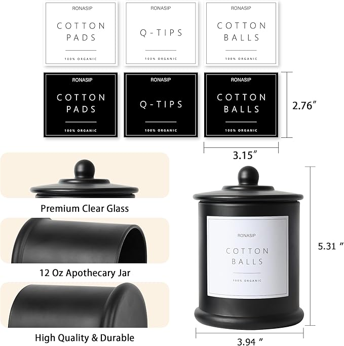 Ronasip Qtip Holder & Cotton Pad Dispenser, Bathroom Organizer and Storage Canisters, 16oz Glass Apothecary Jars for Kitchen, Restroom - Home Decor Accessories, Room Decor Aesthetic (2 Pack, Black)
