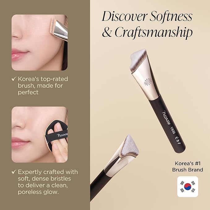 Piccasso FB33 Foundation Brush With Sponge 6P – Tapping Cover Brush for Liquid & Cream Foundation, Fills Pores with Soft Bristles for Smooth and Flawless Face Makeup, Professional Korean Beauty Tool