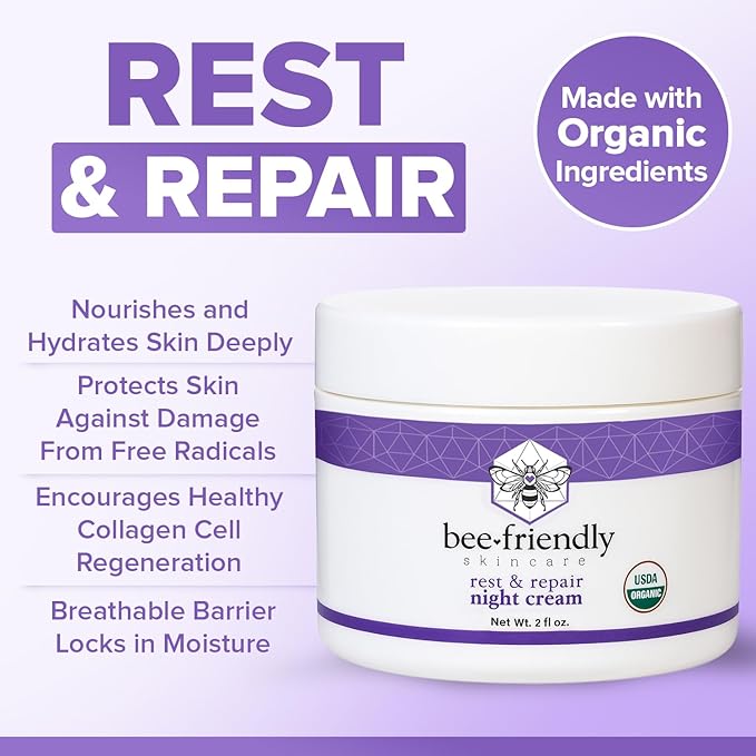 BeeFriendly Organic Night Cream, USDA Certified Organic, Deep Hydrating & Moisturizing Night Time Eye, Face, Neck & Decollete Cream for Women and Men, Anti Aging, Anti Wrinkle 4 oz (2 Jars in box)