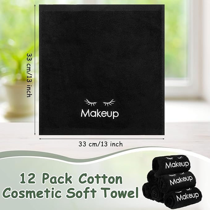 Shimeyao 13x13 Inch Makeup Washcloths Reusable Makeup Remover Cloths Facial Cleansing Towels Cotton Cosmetic Towel Water Absorbent Cloth Face Towels for Women Skin Care, Black(12 Pcs,Classic Style)