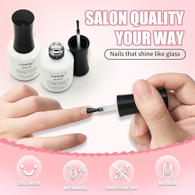 GAWRJ No Wipe Top & Base Coat Gel Set (Up to 3+ Weeks), Anti-Yellowing Quick Dry Gel Nail Polish, 2 Base + 2 Top Coats 15ml, for UV/LED Light, Professional & DIY