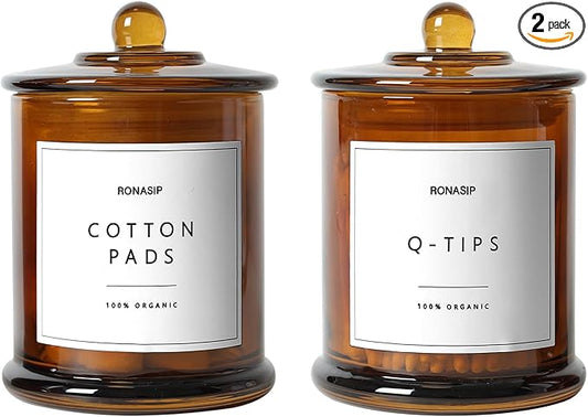 Ronasip Qtip Holder & Cotton Pad Dispenser, Bathroom Organizer and Storage Canisters, 16oz Glass Apothecary Jars for Kitchen, Restroom - Home Decor Accessories, Room Decor Aesthetic (2 Pack, Amber)