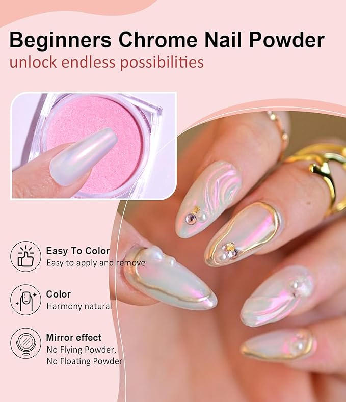 BISHENGYF Chrome Nail Powder -【Fairy Effect】Pink Chrome Nail Powder Aurora Mermaid Iridescent Chrome Powder For Nails, Pink Chrome Powder Metallic Mirror Glitter Pigment Dust For Manicure Decoration