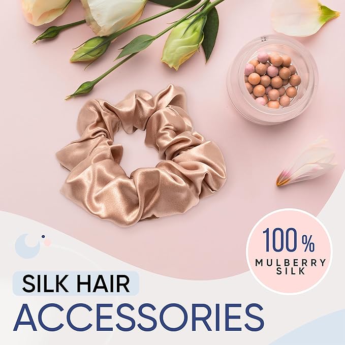 Blissy Silk Scrunchies (3 Pack) - 100% Pure Mulberry Silk - 22 Momme 6A High-Grade Fibers Scrunchie for Straight & Curly Hair - Preventing Breakage, Tangling, & Creasing (Rose Regular)