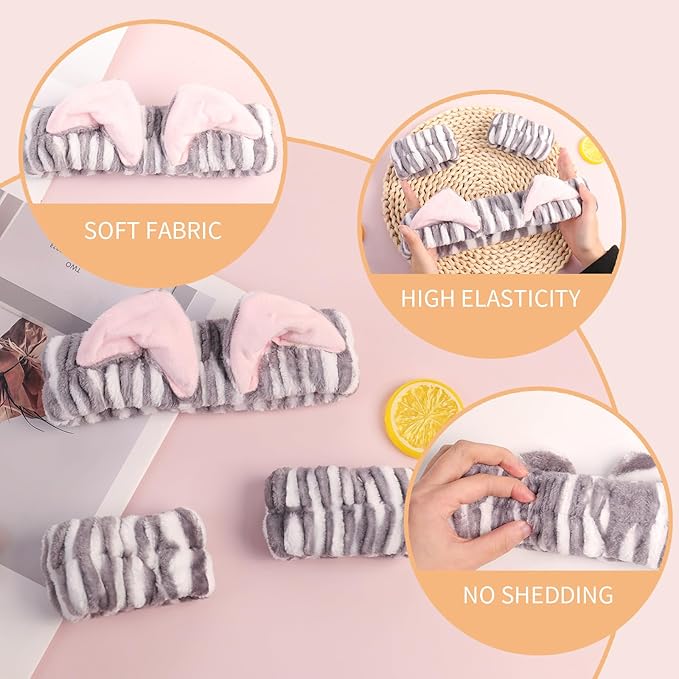 PERFECTSIGHT 2 Pack Cute Animal Headbands for Makeup Wash Shower Adjustable Elastic Hair Band for Girls and Women (Gray Cat Ear)