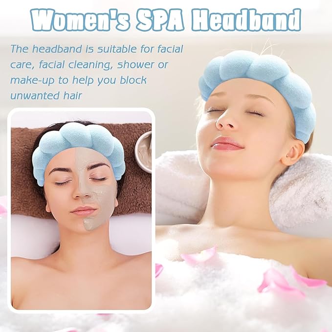 Spa Headband for Washing Face Wristband Set Sponge Makeup Skin Care Terry Cloth Bubble Soft Get Ready Hairband Women Girls Puffy Padded Headwear Non Slip Thick Hair Accessory (Blue)