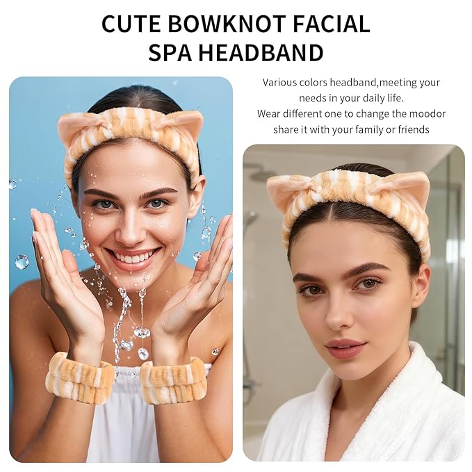 PERFECTSIGHT 2 Pack Cute Animal Headbands for Makeup Wash Shower Adjustable Elastic Hair Band for Girls and Women (Yellow Cat Ear)