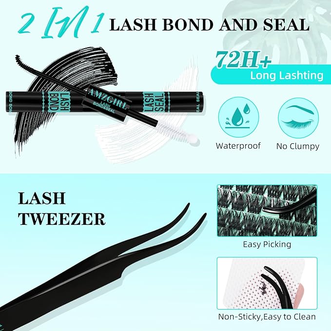 Lash Clusters Kit 168pcs Lash Extension Kit Cluster Lashes Natural Look with Lash Bond and Seal Waterproof, Lash Tweezer with Wet Look Ultra-Thin Band Lashes(Geranium-Kit,D-10-18mm)