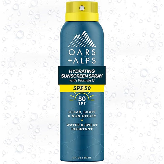 Oars + Alps Sunscreen Spray for Face & Body Spray Sunscreen Infused with Vitamin C & Antioxidants, No White Residue, Water & Sweat Resistant, All Skin Types, Lightweight, Hydrating, SPF 50, 6 Oz, 1pk