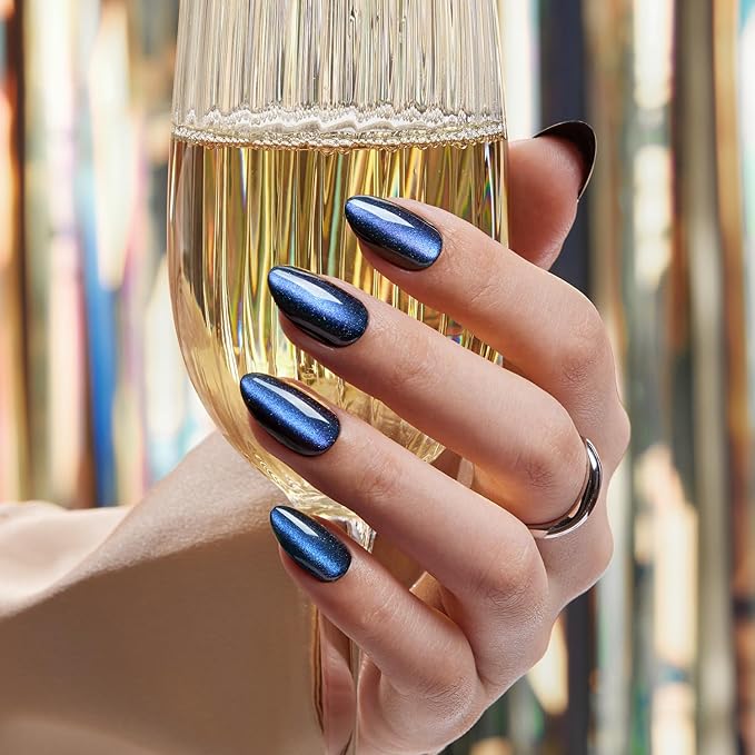 VSALON Press on Nails Short Almond - Blue Cat Eye Chrome Glue On Nails Kit for Women, Reusable Opaque Gel Stick on Nails with Glue & Cuticle Oil - 32 PCS Fake Nails in 16 Sizes (Midnight Tide)