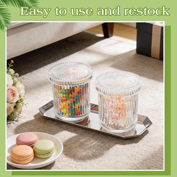Yiyiring 2 Pack Glass Cotton Swab Holder with Lids and 1 Pack Stainless Steel Trays and Labels Glass Swab Dispenser Cotton Ball Holder Apothecary Jars Floss Pick Containers Bathroom Organizers(Clear)