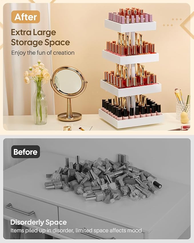 Homde Nail Polish Display Stand and Storage: 360 Degree Rotating Bamboo Rack Organizer, 4 Tier Makeup Holder for Fast Access on Countertop or Vanity for Girls & Women,White