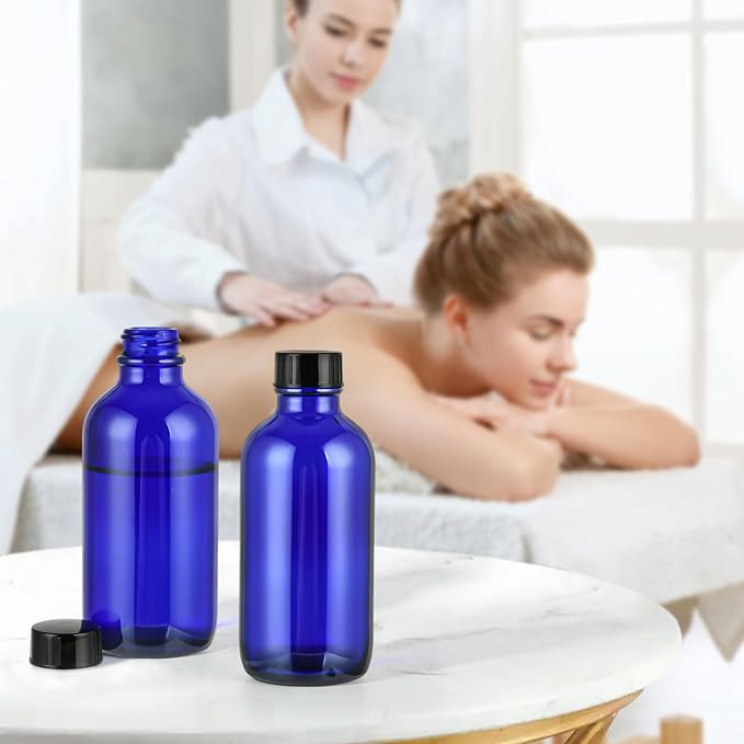 Exlvanto Small Glass Bottles with Lids Boston Round Shot Bottles for Health, Immunity, Ginger Juice, Essential Oils, Potion - Leak Proof Mini Travel Containers (Blue UV, 4oz-24Pack)