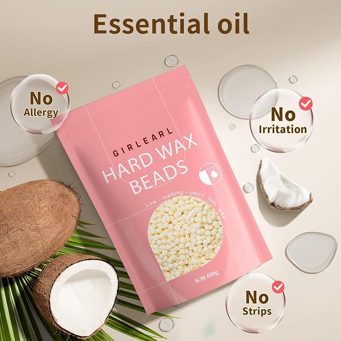 GIRLEARLE Hard Wax Beads, 1lb Wax Beans for Hair Removal, Hard Wax for Sensitive Skin at Home, Wax Refill Perfect for Eyebrow, Facial, Brazilian Bikini, Legs and Full Body for Women and Men (Cream)