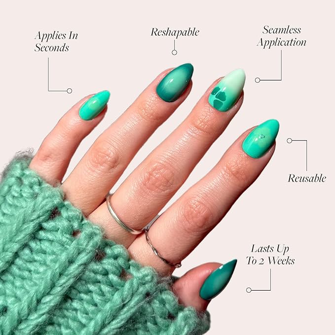 Glamnetic Press On Nails - Siren Green | Short Almond Fake Nails with an Aquamarine Gradient and Tropical Flower Accents, Salon Quality Summer Nails | 15 Sizes - 30 Nail Kit with Glue