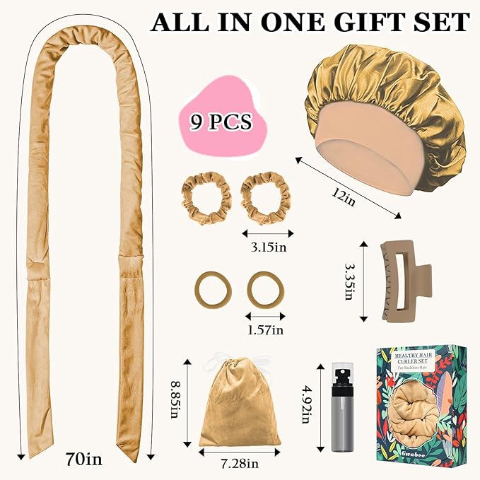Gwabee 70" Soft Hair Curlers for Overnight Curls - No Heat Curl Wrap with 9 Rods for Long Hair, Khaki