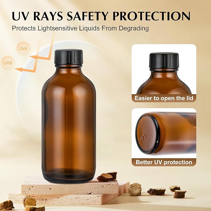 Exlvanto Small Glass Bottles with Lids Boston Round Shot Bottles for Health, Immunity, Ginger Juice, Essential Oils, Potion - Leak Proof Mini Travel Containers (Amber UV, 4oz-24Pack)