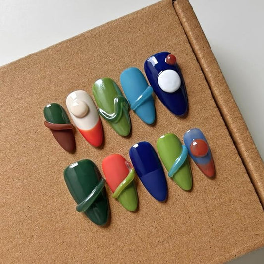 Press On Nails Medium Almond Shape - 3D Handmade Acrylic Gel Fake Nails with Glitter Designs, Reusable Thick Almond Nails for Women DIY Manicure Kit (10PCS, L Size, Easy Application)