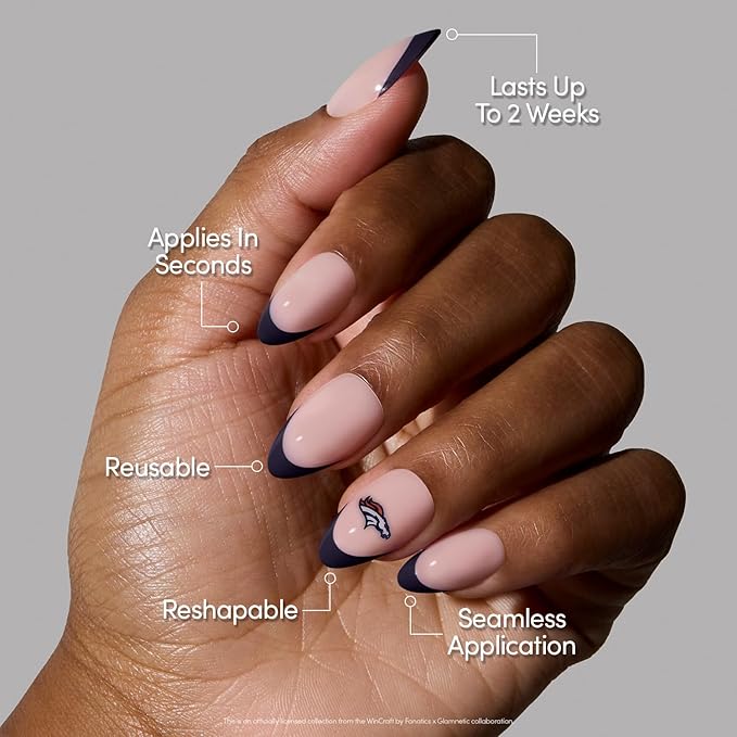 Glamnetic x Fanatics Press On Nails - Denver Broncos | Short Almond Fake Nails, NFL Broncos Blue French Tips, Football Nails, Salon-Quality | 15 Sizes - 30 Nail Kit with Glue