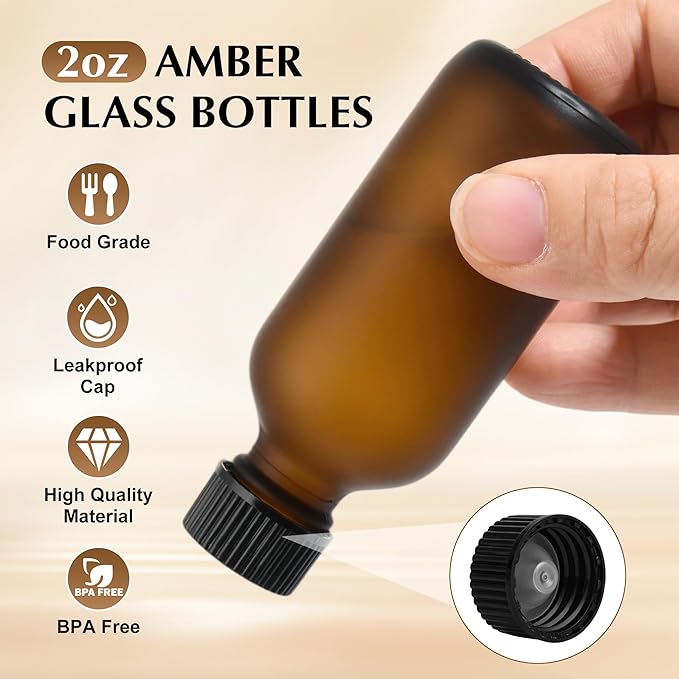 Exlvanto Small Glass Bottles with Lids Boston Round Shot Bottles for Health, Immunity, Ginger Juice, Essential Oils, Potion - Leak Proof Mini Travel Containers (Amber Frosted, 2oz-48Pack)