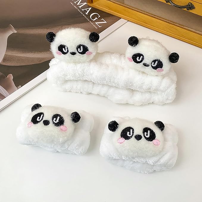 Gniwhd 6PCS Cute Cat Ears Spa Headband for Washing Face Makeup Skincare Headband with Wrist Bands, Sleepover Party Supplies for Women/Teen Girl Trendy Stuff Present (6PCS Panda, standard size)