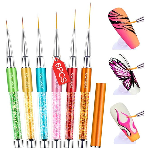 Saviland 6pcs Nail Art Liner Brushes Set: Nail Gel Polish Painting Nail Art Design Brush Pen Set with Crushed Diamond Rhinestones Handle for Pulling Lines, Sizes 7/9/11/13/17/23 mm, Christmas Gifts