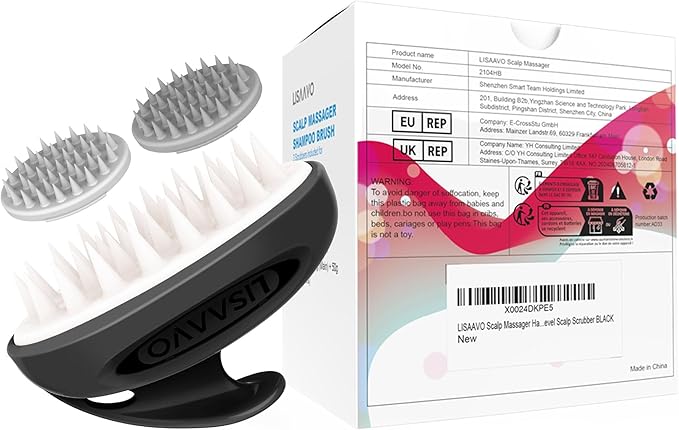 LISAAVO 3 in 1 Scalp Scrubber, Hair Scalp Massager, with 3 Replacement Brushes, Shampoo Brush for Relaxing, Deep Cleansing Exfoliator & Soothes itching - Wet/Dry Use for All Hair Types, Black
