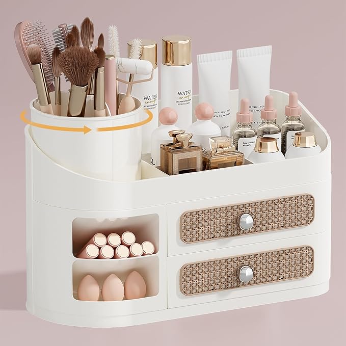 UFORU Makeup Organizer with Rotating Brush Holder, Bathroom Countertop Organizer with 2 Drawers, Easy to Store Hair Brush, Lipsticks, Perfumes, Skincare, Beige