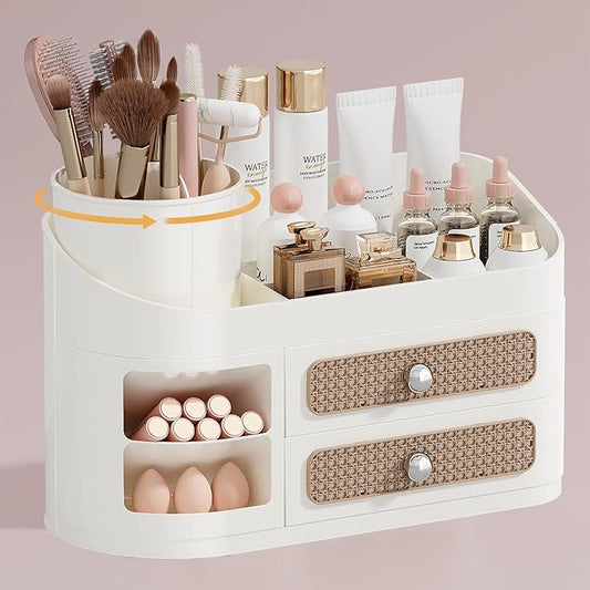 UFORU Makeup Organizer with Rotating Brush Holder, Bathroom Countertop Organizer with 2 Drawers, Easy to Store Hair Brush, Lipsticks, Perfumes, Skincare, Beige