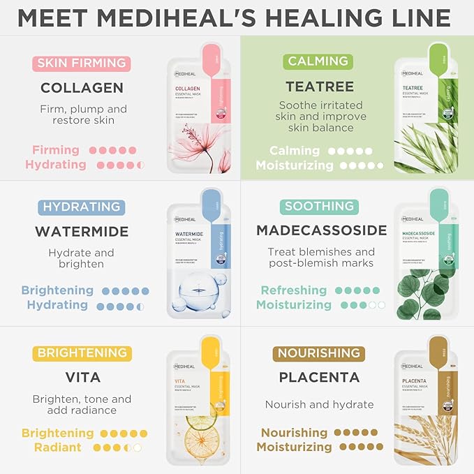 Mediheal Official Best Korean Sheet Mask - Tea Tree Essential Face Mask 4 Sheets Skin Soothing Treat Blemishes Sebum Control For All Skin Types