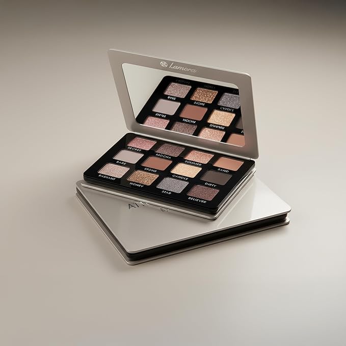 Lamora Attraction Eyeshadow Palette - 12 Soft Brown Shadows, Multi-Use Eye Makeup Palette with Matte & Shimmer Finishes, Ultra-Blendable Everyday Neutrals, Long-lasting Wear, Travel Makeup with Mirror