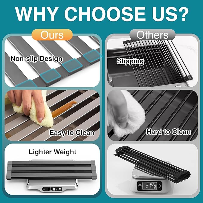Rectangle Foldable Dish Drying Rack, Non-Slip Silicone Base, Over The Sink Aluminum Dish Drainer Rack for Kitchen Sink, Ideal for Drying Mat Easy to Store,17.7 x 13.4inch Matte Gray