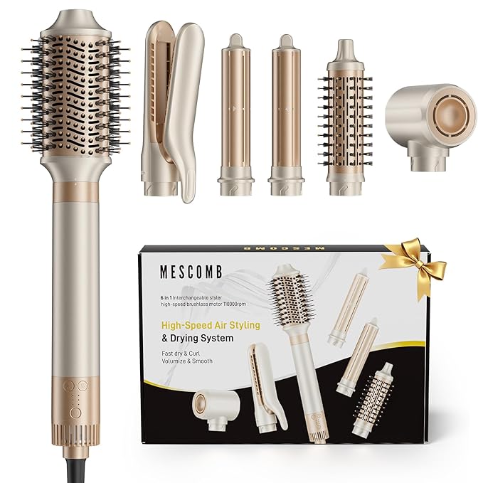 MESCOMB 6-in-1 Hot Air Styler – Hair Dryer & Air Styler with Straightener, Auto Curler, Volumizing Brushes, Frizz-Free Hair Styler for Straighting, Curling, Smoothing & Adding Volume, Not Damage
