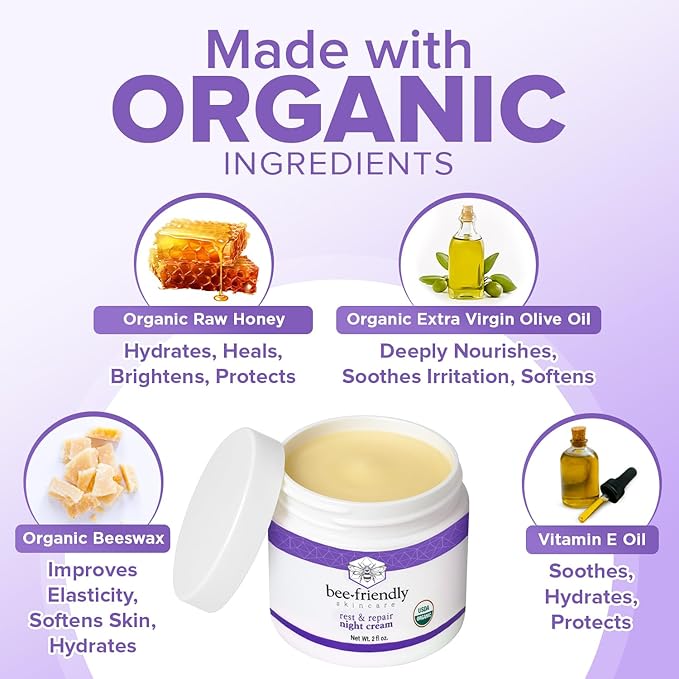BeeFriendly Organic Night Cream, USDA Certified Organic, Deep Hydrating & Moisturizing Night Time Eye, Face, Neck & Decollete Cream for Women and Men, Anti Aging, Anti Wrinkle 4 oz (2 Jars in box)