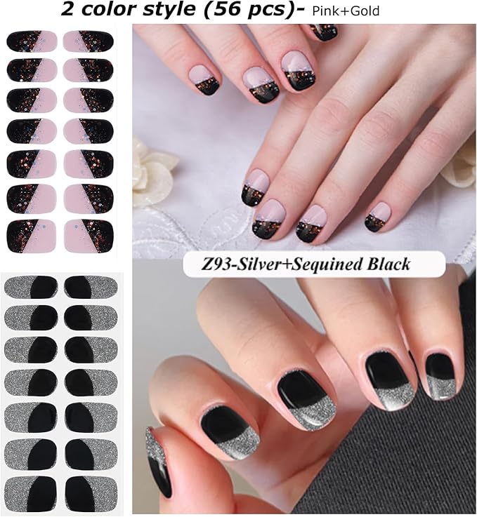 DUKASOU Semi Cured Gel Nail Strips, 56Pcs Nail Art Stickers/Wraps, Long Lasting UV Nail Polish Strips for Adults(Silver+Sequined Black)