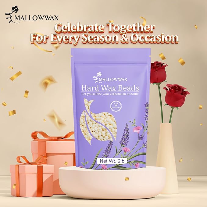 Mallowwax Hard Wax Beads, 2LB Coconut Cream Wax for Sensitive Skin, Gentle Hair Removal for Face, Bikini, Legs & Brazilian, No Strips Needed & Easy to Use at Home