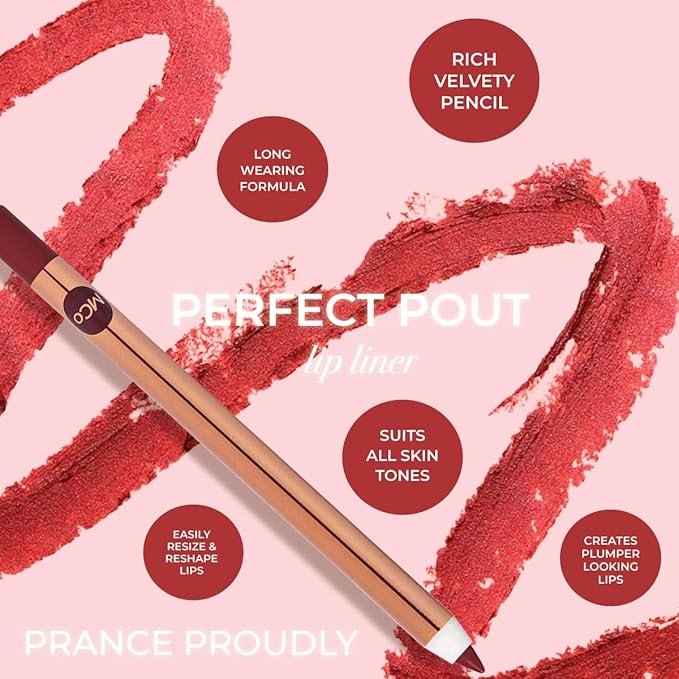 MCoBeauty Perfect Pout Lip Liner - Prance Proudly - Long-Wearing Creamy Lip Liner Pencil for Fuller Lips - Velvety Nude Contour Pencil to Define, Shape & Overline - Vegan Cruelty Free Lip Makeup