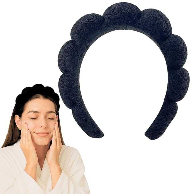 2 ORCHIDS Terry Cloth Skincare Headband for Washing Face - Makeup Headband for Women, Spa Hairband, Bubble Band, Face Wash Accessory, Getting Ready for Skincare Routine (Black)