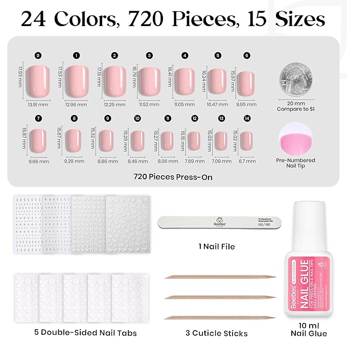 Beetles Press On Nails Kit - Prism Pop | 720Pcs 24 Colors Short Square Press On Nails | 15 Sizes Glossy Matte Glitter With Nail Glue & Nail Tabs Stickers, Fake Nails Kit Art For Women