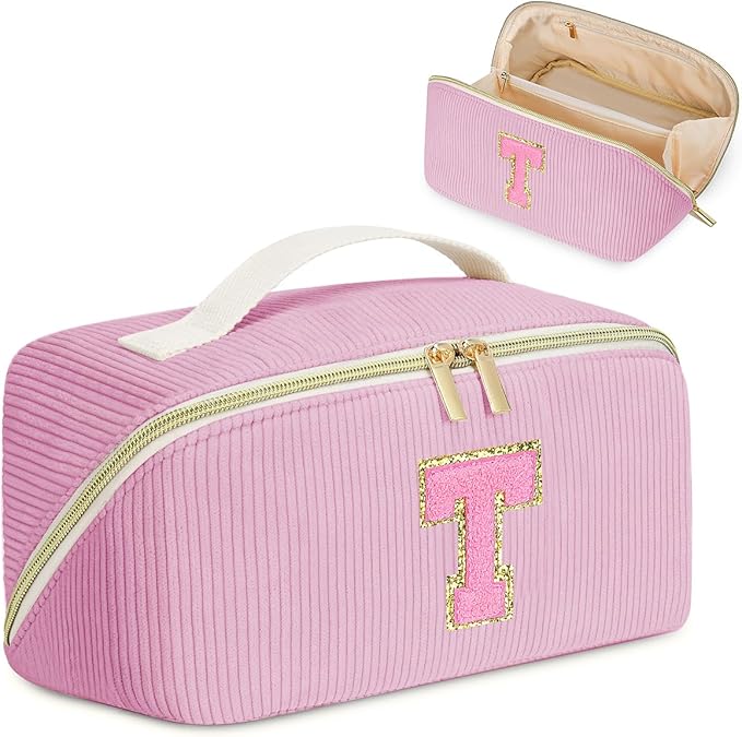 Personalized Initial Makeup Bag, Valentine's Day Gifts for Girls,Preppy Bag Cosmetic Travel Bag Women,Travel Toiletry Organizer,Large Capacity Corduroy Stuff Bag,Cute Cosmetic Pouch Skincare Bag