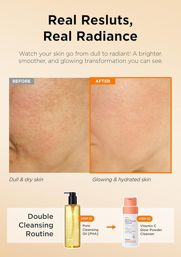 Hanskin Vitamin C Glow Powder Cleanser – Korean Brightening, Exfoliating Face Wash | Papaya Enzyme + Vitamin C for Radiant, Smooth, Even-Toned Skin | Gentle Daily Powder-to-Foam Cleanser | 2.36 fl oz