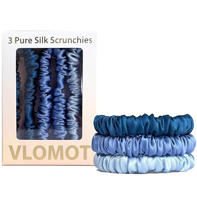 VLOMOT 3 Pcs Set 100% Pure Mulberry Silk Hair Scrunchies Hair Ties with 3 Chic Colors Everyday Skinny Scrunchies Silk Ponytail Holders Hair Care No Damage (Blue)