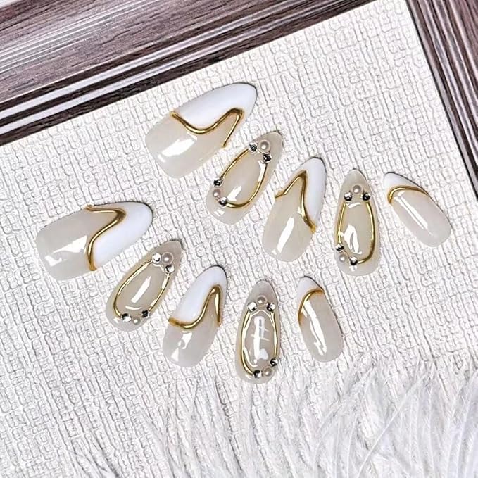 MAGLFELL Women Press On Nails - Medium Almond False Nails 10Pcs Luxury Handmade 3D Painting Art ABS Acrylic Artificial-Medium Size