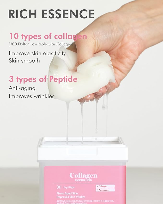 DERMAL Collagen Moistfull Pad - Korean Toner Pad for Elasticity & Wrinkle Improvement with Peptides - Vegan Tencel Square Pads - High Capacity, 120 Sheets