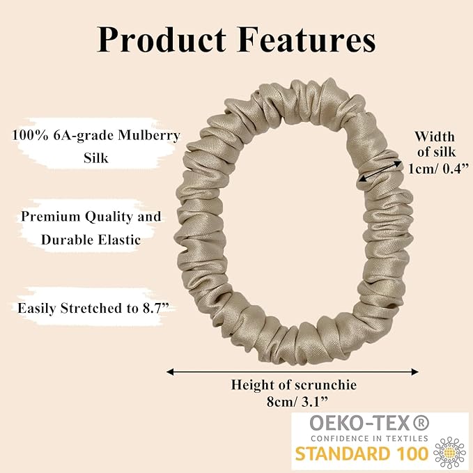 VLOMOT 3 Pcs Set 100% Pure Mulberry Silk Hair Scrunchies Hair Ties with 3 Chic Colors Everyday Skinny Scrunchies Silk Ponytail Holders Hair Care No Damage (Champagne)