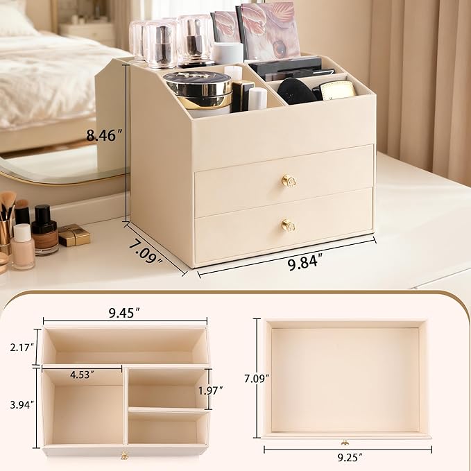 Homeanda Makeup Organizer with Drawers, PU Leather Cosmetic Storage Box Large Cosmetic Display Case for Skincare, Lipstick, Brushes, Bedroom Storage(Beige)