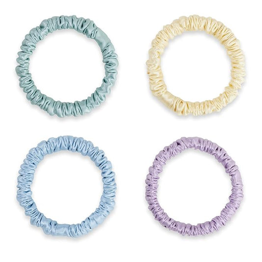 Silklab 22 Momme 100% Mulberry Silk Hair Ties, Well-Hold Elastic for No-Damage (4Pack, Banana, Sky Blue, Lavender, Light Green), 6A, Scrunchies, Reduces Frizz & Breakage, OEKO-TEX Certified