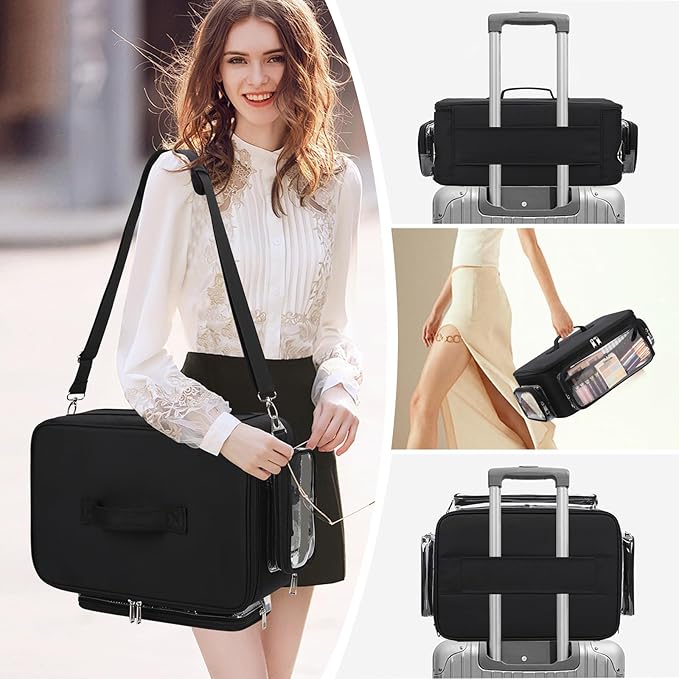 Large Makeup Case Cosmetic Organizer Box Brush Holder, Travel Makeup Train Case with 3 Clear Bags, Professional Makeup Artist Bag Cosmetic Case with Adjustable Dividers and Shoulder Strap