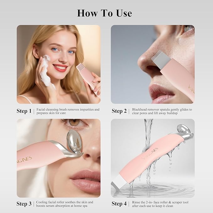 Vangines Blackhead Scraper Tool & Skin Scrubber Face Spatula for Blackhead Removal, Pore Cleaning, with Cooling Ice Roller & 2 Silicone Brush Heads (Dusty Rose)