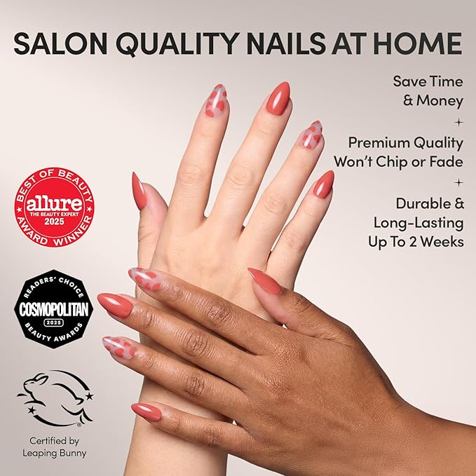 Glamnetic Press On Nails - Love Me | Glossy, Semi-Transparent, Short Almond Red Heart Nails, Salon Quality | 15 Sizes - 30 Nail Kit with Glue